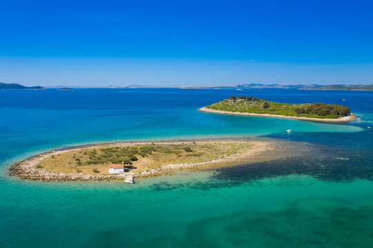 Aerial view of beautiful islands on Adriatic sea in Croatia, near town of Pakostane