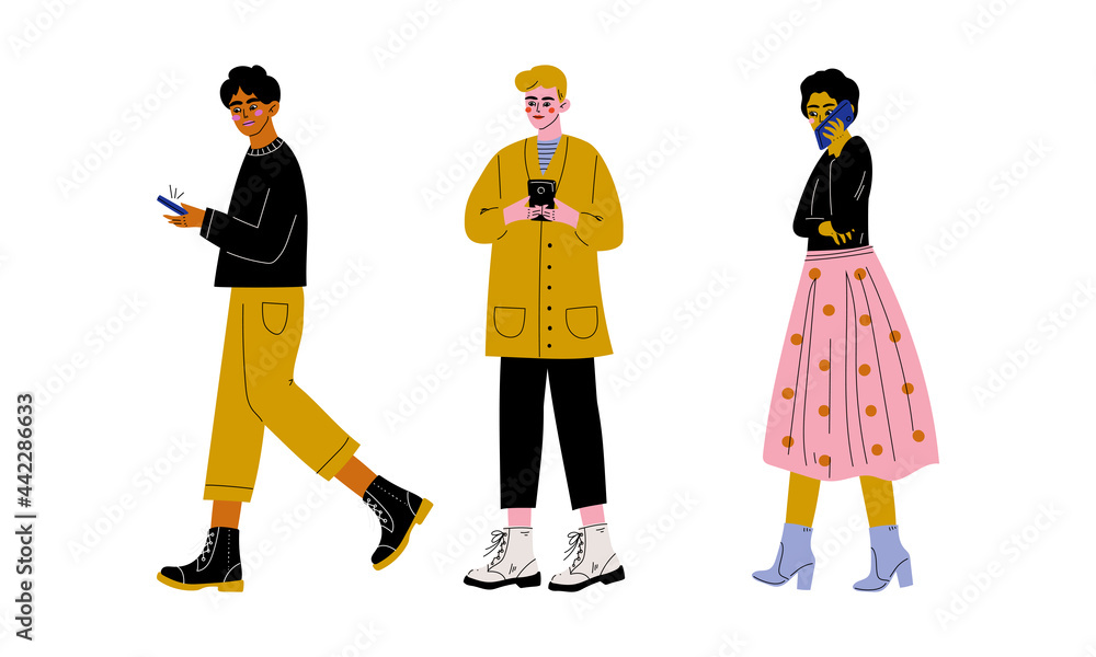 Poster people character using smartphone speaking by phone and chatting vector set