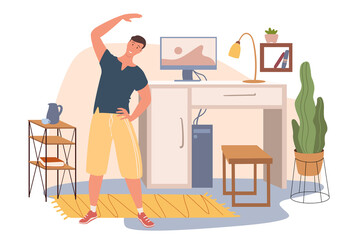Workplace web concept. Man exercising at home office. Freelancer or remote worker training sports in comfy room with decor. People scenes template. Vector illustration of characters in flat design