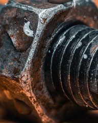 Macro shots, metal rusty wet bolt