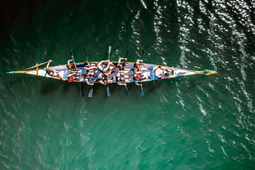 Overhead view of competitors in a boat during Dragon Boat festival