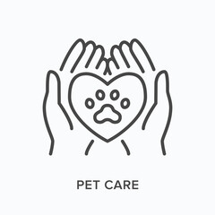 Pet care flat line icon. Vector outline illustration of human hands and cat paw. Black thin linear pictogram for animal protection
