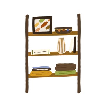 Modern wooden shelf for home items storage. Trendy furniture with vases, pots, pictures, books for living room interior in Scandinavian style. Flat vector illustration isolated on white background