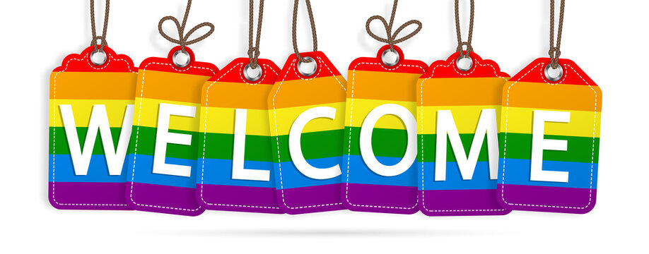 Welcome LGBT Rainbow Graphic Hanging Stickers Header, Hanging On Ropes.