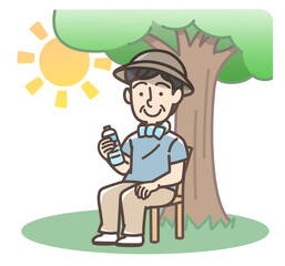 木陰で休憩する男性