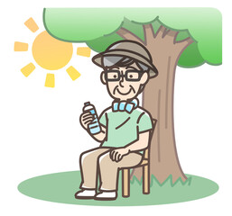 木陰で休憩するおじいさん