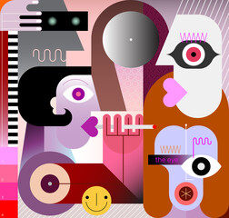 Vector illustration of five different people. Woman smokes a cigarette. A group of people who have nothing to say to each other. Modern digital abstract art painting. 