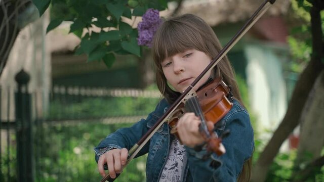cute girl playing the violin on nature. concept of harmony of music and nature.