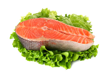 salmon, trout, steak, slice of fresh raw fish, isolated on white background