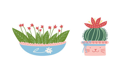 Decorative Flower and Plant Growing in Ceramic Pot as Home Decor Vector Set
