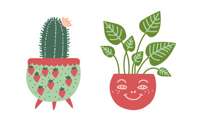 Decorative Flower and Plant Growing in Ceramic Pot as Home Decor Vector Set