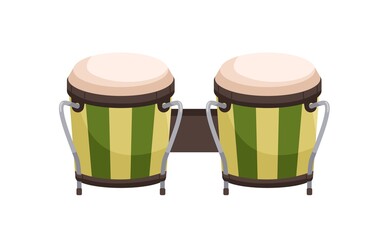 Paired bongos drum. African and Cuban percussion music instrument. Realistic folk object. Colored flat cartoon vector illustration isolated on white background