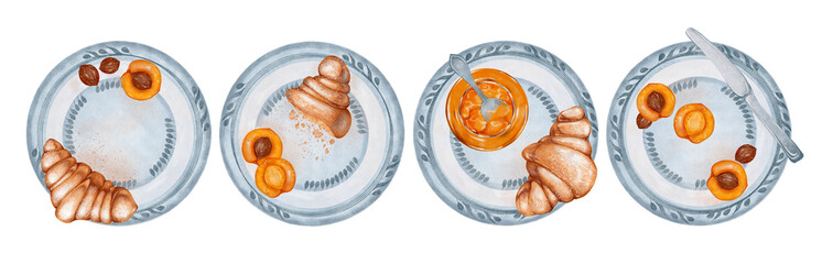 Watercolor illustration with set of traditional breakfast dish, lunch ingredients elements : croissant, jam, apricot, plate, spoon, knife. Clipart objects isolated on white background.