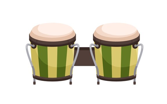 Paired Bongos Drum. African And Cuban Percussion Music Instrument. Realistic Folk Object. Colored Flat Cartoon Vector Illustration Isolated On White Background