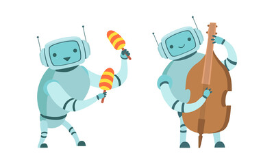 Robot Musician Playing Musical Instrument Performing on Stage Vector Set