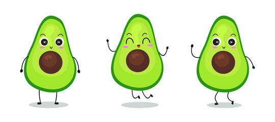 Set of cute green avocado illustration. Adorable avocado character vector for mascot, logo, symbol on application, books, comic, art