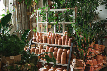 Image of ceramics pots on the shelves and green exotic plants in the flower shop