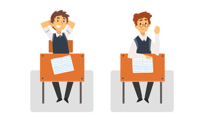 Obraz premium Boy Pupil or Student Sitting at Desk Having School Lesson Front View Vector Set