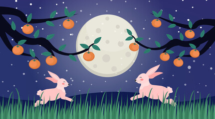 Happy Chuseok, Mid autumn festival card, poster template for your design. Persimmons Tree Branch and cute rabbits on the moon background, Korean Thanksgiving and Harvest Festival. Vector illustration.