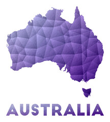 Map of Australia. Low poly illustration of the country. Purple geometric design. Polygonal vector illustration.