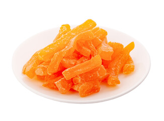 Dried papaya sticks over white background