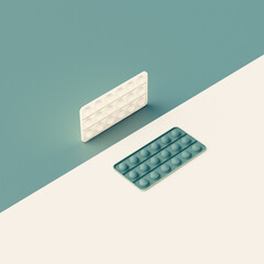 Creative relaxation composition. Popular silicone colorful anti-stress toys for toddlers with paper backdrops in different colors of green and milk. Side view. Click the pop-up bubble. 3D Rendering.