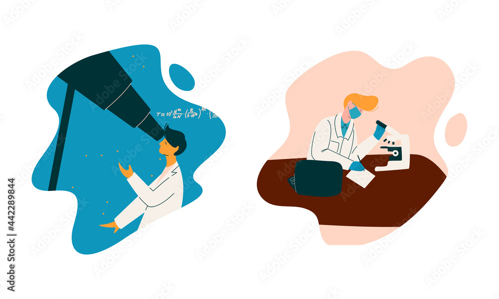 Poster man scientist in laboratory coat conducting research and investigation vector set