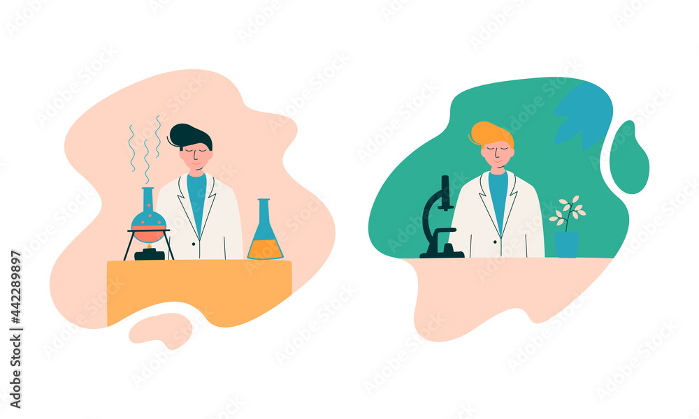 Sticker Man Scientist in Laboratory Coat Conducting Research and Investigation with Microscope and Flask with Chemical Substance Vector Set