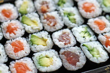 Set of sushi roll. Different types of sushes close-up.