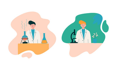 Man Scientist in Laboratory Coat Conducting Research and Investigation with Microscope and Flask with Chemical Substance Vector Set