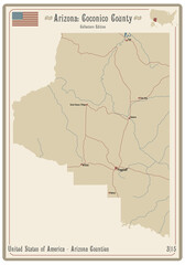 Map on an old playing card of Coconico county in Arizona, USA.