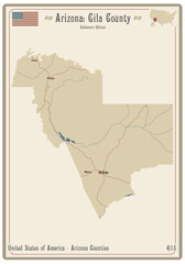 Map on an old playing card of Gila county in Arizona, USA.