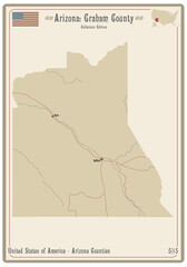 Map on an old playing card of Graham county in Arizona, USA.