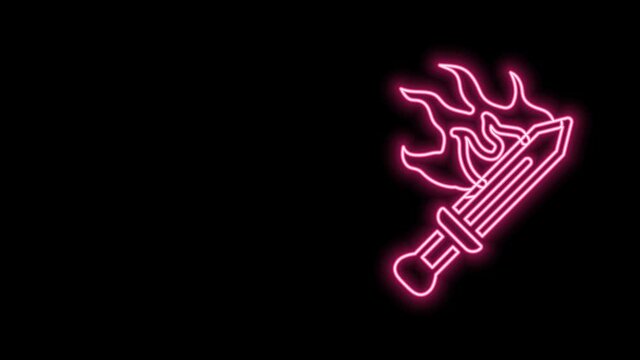 Glowing neon line Sword for game icon isolated on black background. 4K Video motion graphic animation