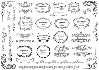 Calligraphic design elements . Decorative swirls or scrolls, vintage frames , flourishes, labels and dividers. Retro vector illustration