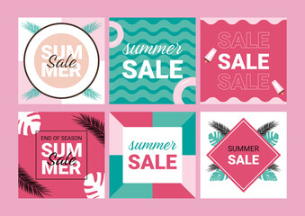 Summer sale vector poster set. Summer holiday store shopping promotion. Colorful backgrounds and elements. Vector illustration.