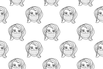 Vector seamless pattern with outline of people wearing medical protective mask. Virus prevention measures. Coronavirus pandemic, epidemic disease. Hand drawn texture in cartoon style doodle