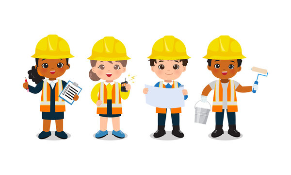 Children occupation clip art. Team of engineer and builder. Flat vector character cartoon design