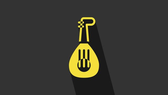 Yellow Musical instrument lute icon isolated on grey background. Arabic, Oriental, Greek music instrument. 4K Video motion graphic animation
