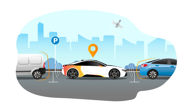 Smart Car Parking Technology Concept. Self-driving Car With Sensors Automatically Parked In Parking Lot. Self-parking Car System. Vector Illustration.