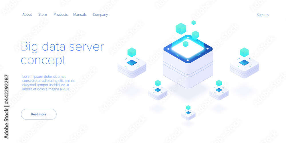 Poster big data technology in isometric vector illustration. information storage and analysis system. digit