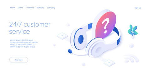 24/7 service concept or call center in isometric vector illustration. 24 7 round the clock or nonstop customer support background. Mobile self-service layout template for web banner.