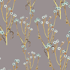 Dry yellow grass watercolor on grey background seamless pattern for all prints.