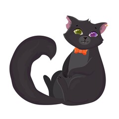 Cute black kitten with an orange bow. Mystical animal for Halloween. Heterochromia. Vector illustration isolated on white background.