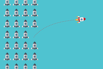Different Approach - Different Direction. Group of rockets flying in one direction and with one individual flying in the different way, can be used leadership/individuality concepts.	