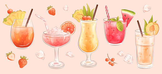 Collection of hand drawn summer cocktails, fruits, berries and ice isolated on background. Vector illustration