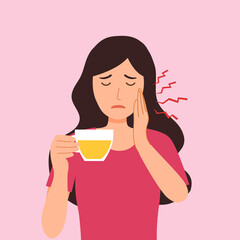 Woman with sensitive teeth and hand holding a cup of hot tea in flat design. Dental problem concept vector illustration. - obrazy, fototapety, plakaty