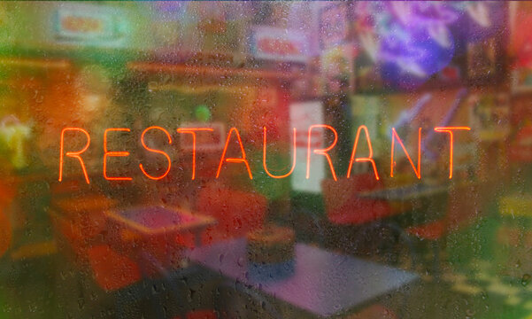 Neon Rainy Window Blur Image, Retro Diner