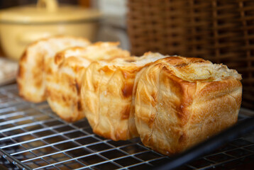  loaf of Bread .Grilled crispy toast on the wire rack. prepared for snacks with basket as background.