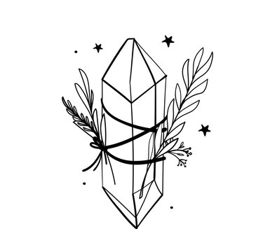 Crystal icon with branches and stars, line hand drawing, bohemian tattoo  for witch, gem, sketch boho illustration isolated on white background.  Stock Vector | Adobe Stock